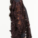 Rachel Comey Designer Brand Long Sleeve Myra Top Blouse with Flower Embroidery and Black Panel in Dark Brown