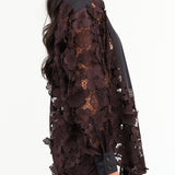 Rachel Comey Designer Brand Long Sleeve Myra Top Blouse with Flower Embroidery and Black Panel in Dark Brown