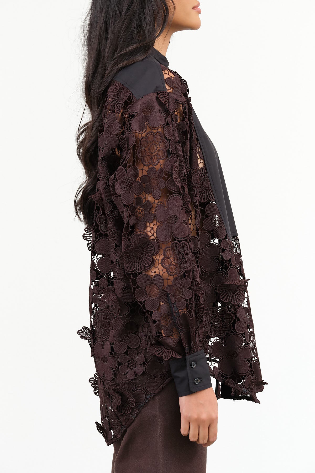 Rachel Comey Designer Brand Long Sleeve Myra Top Blouse with Flower Embroidery and Black Panel in Dark Brown