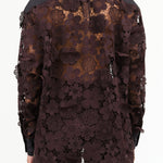 Dark Brown Long Sleeve Myra Top Blouse with Flower Embroidery and Black Panel by Rachel Comey Designer Brand