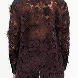 Dark Brown Long Sleeve Myra Top Blouse with Flower Embroidery and Black Panel by Rachel Comey Designer Brand