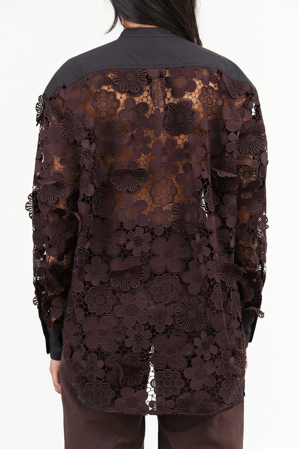 Dark Brown Long Sleeve Myra Top Blouse with Flower Embroidery and Black Panel by Rachel Comey Designer Brand