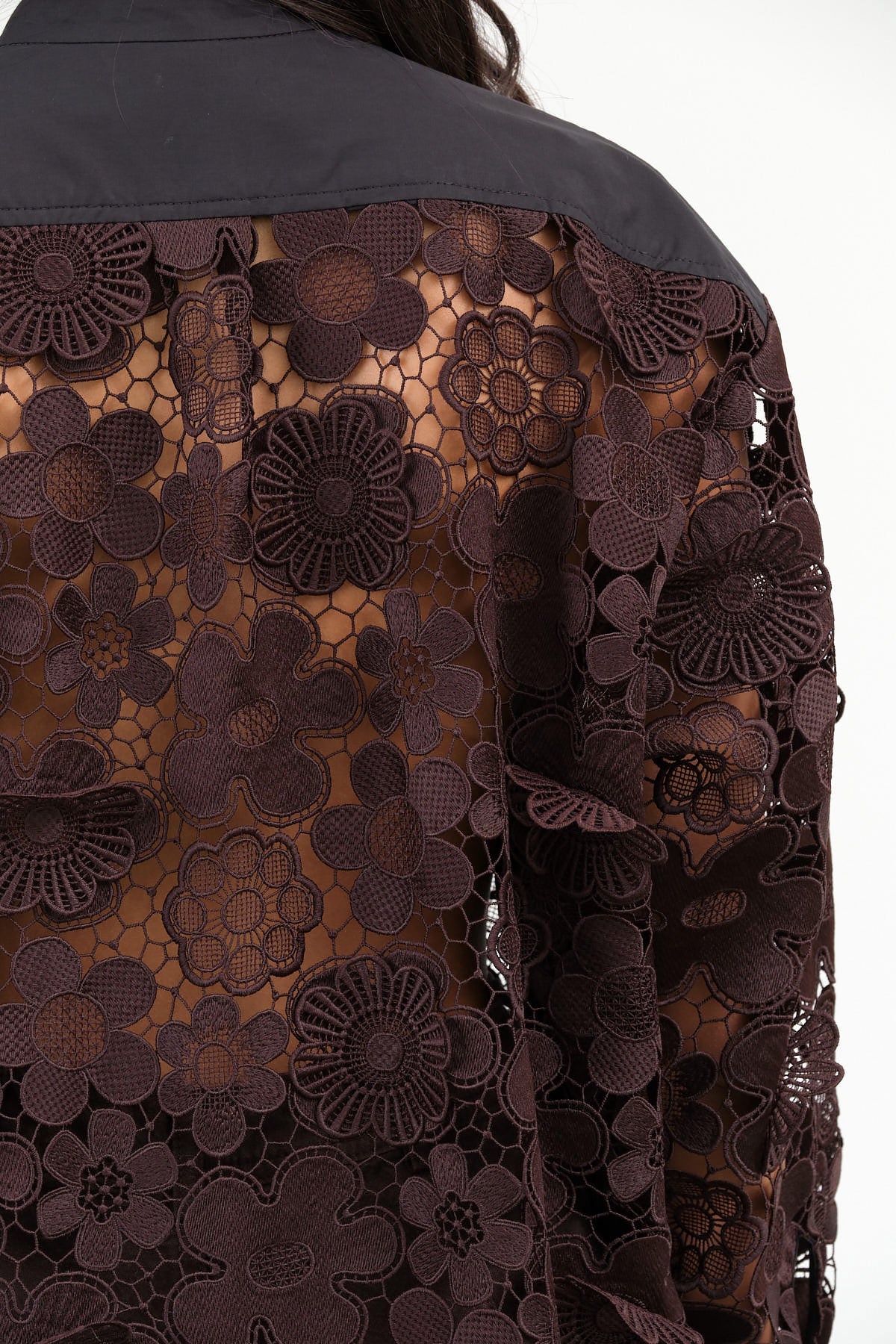 Rachel Comey Designer Brand Dark Brown Long Sleeve Myra Top Blouse with Flower Embroidery and Black Panel