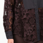 Long Sleeve Myra Top Blouse with Flower Embroidery and Black Panel in Dark Brown by Rachel Comey Designer Brand