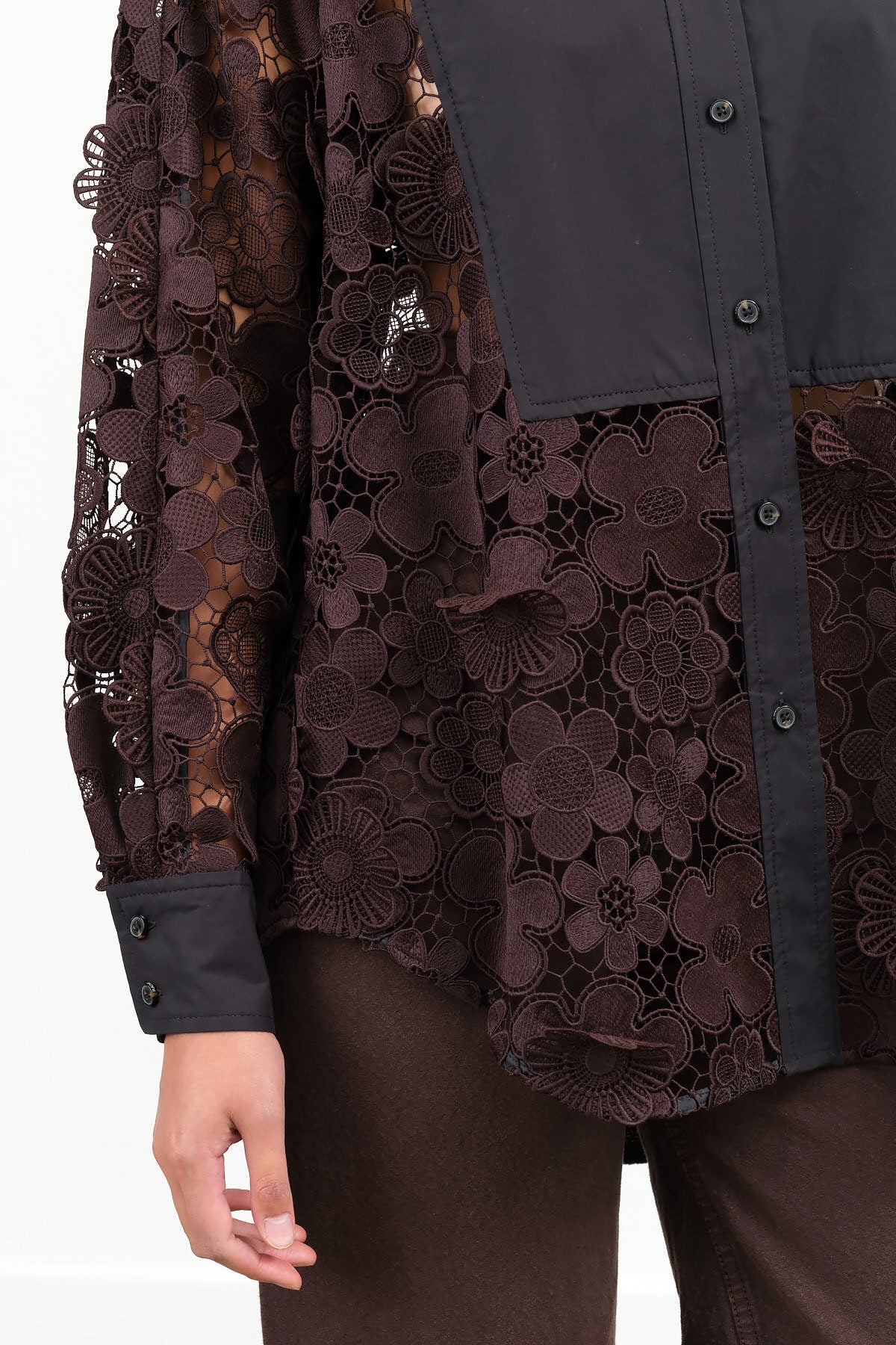 Long Sleeve Myra Top Blouse with Flower Embroidery and Black Panel in Dark Brown by Rachel Comey Designer Brand