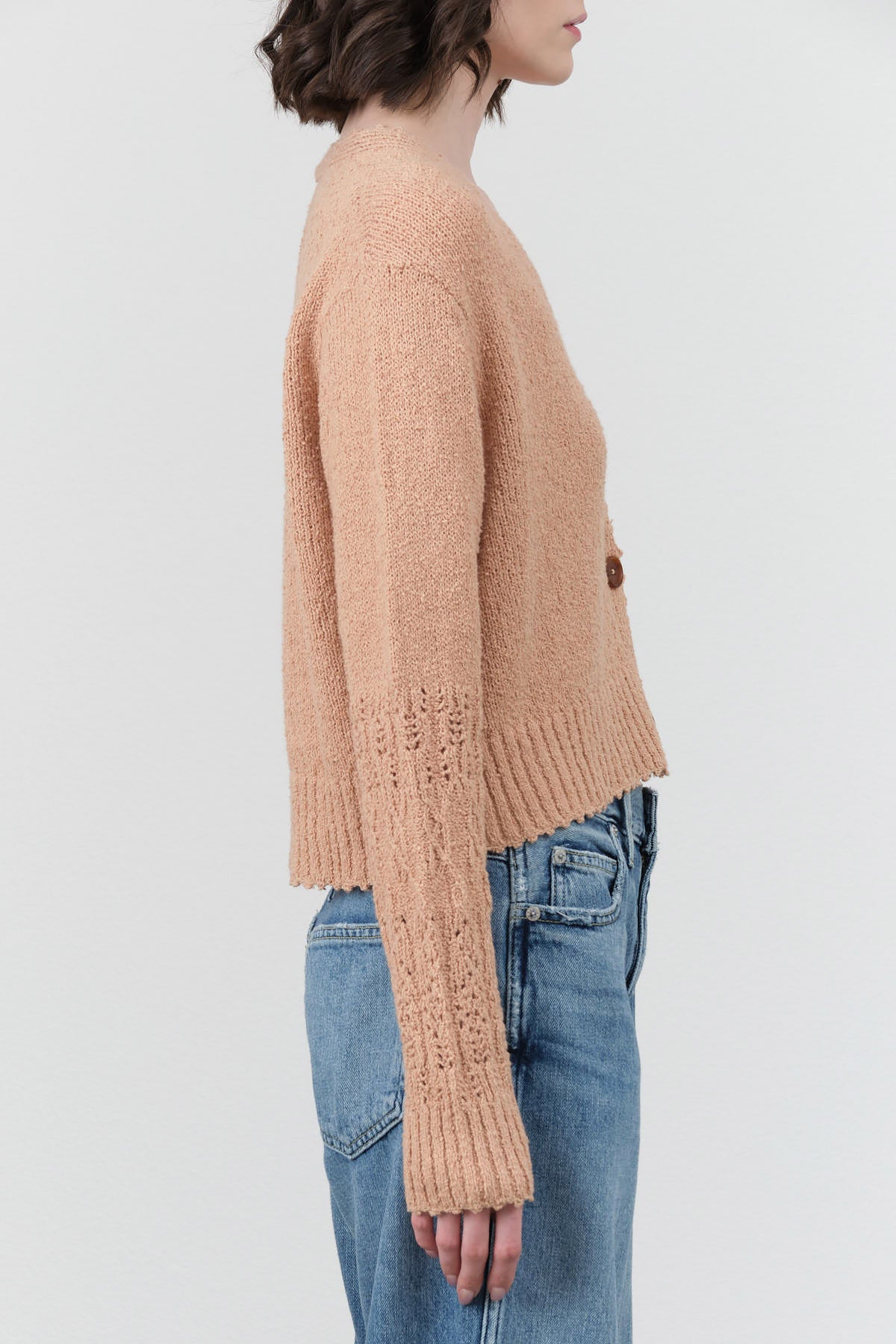 Rachel Comey Long Sleeve Olia Cardigan in Tan Camel Brown with Cutouts on Sleeve