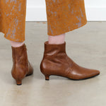 Pimm Leather Kitten Heel Bootie with Zipper in Caramel Brown by Designer Brand Rachel Comey