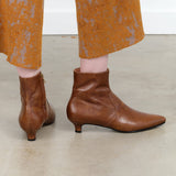 Pimm Leather Kitten Heel Bootie with Zipper in Caramel Brown by Designer Brand Rachel Comey