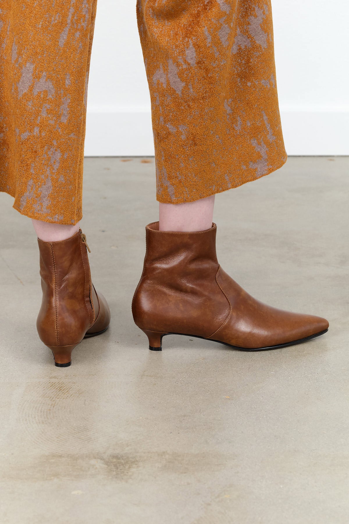 Pimm Leather Kitten Heel Bootie with Zipper in Caramel Brown by Designer Brand Rachel Comey