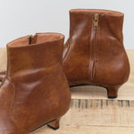 Designer Brand Rachel Comey Pimm Leather Kitten Heel Bootie with Size Zipper in Caramel Brown for Women