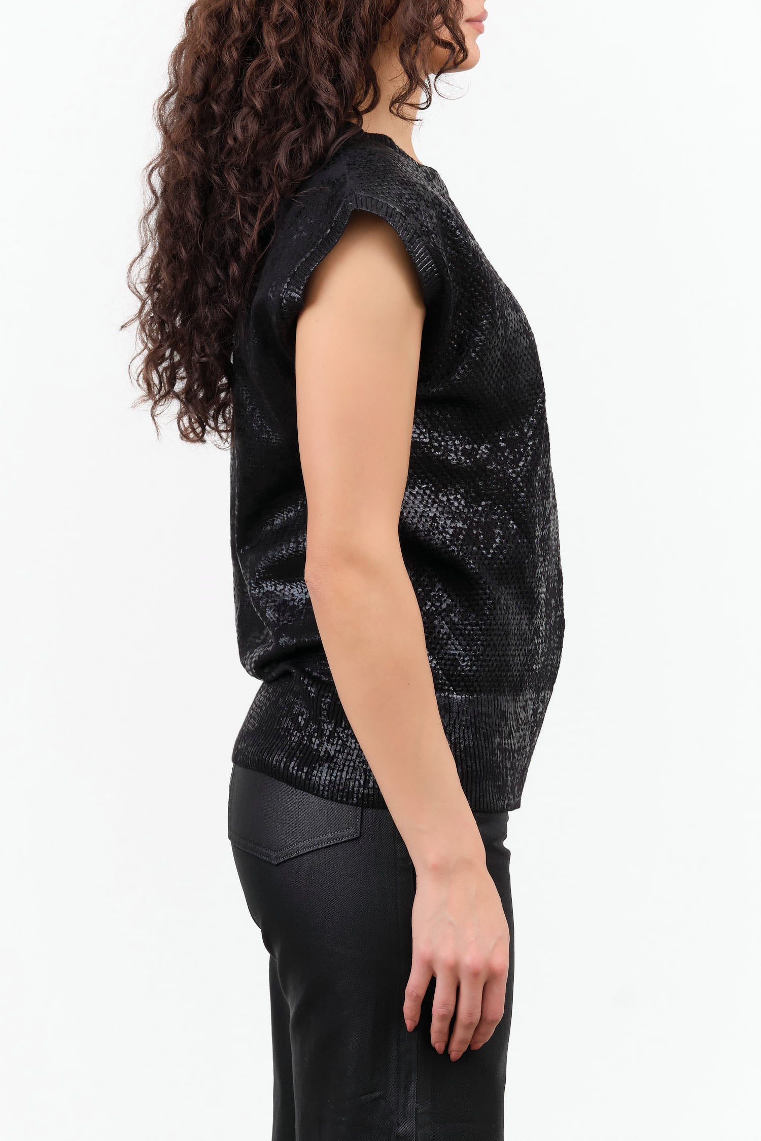 Rachel Comey Designer Brand Sleeveless Reis Vest in Black with Metallic Foil 