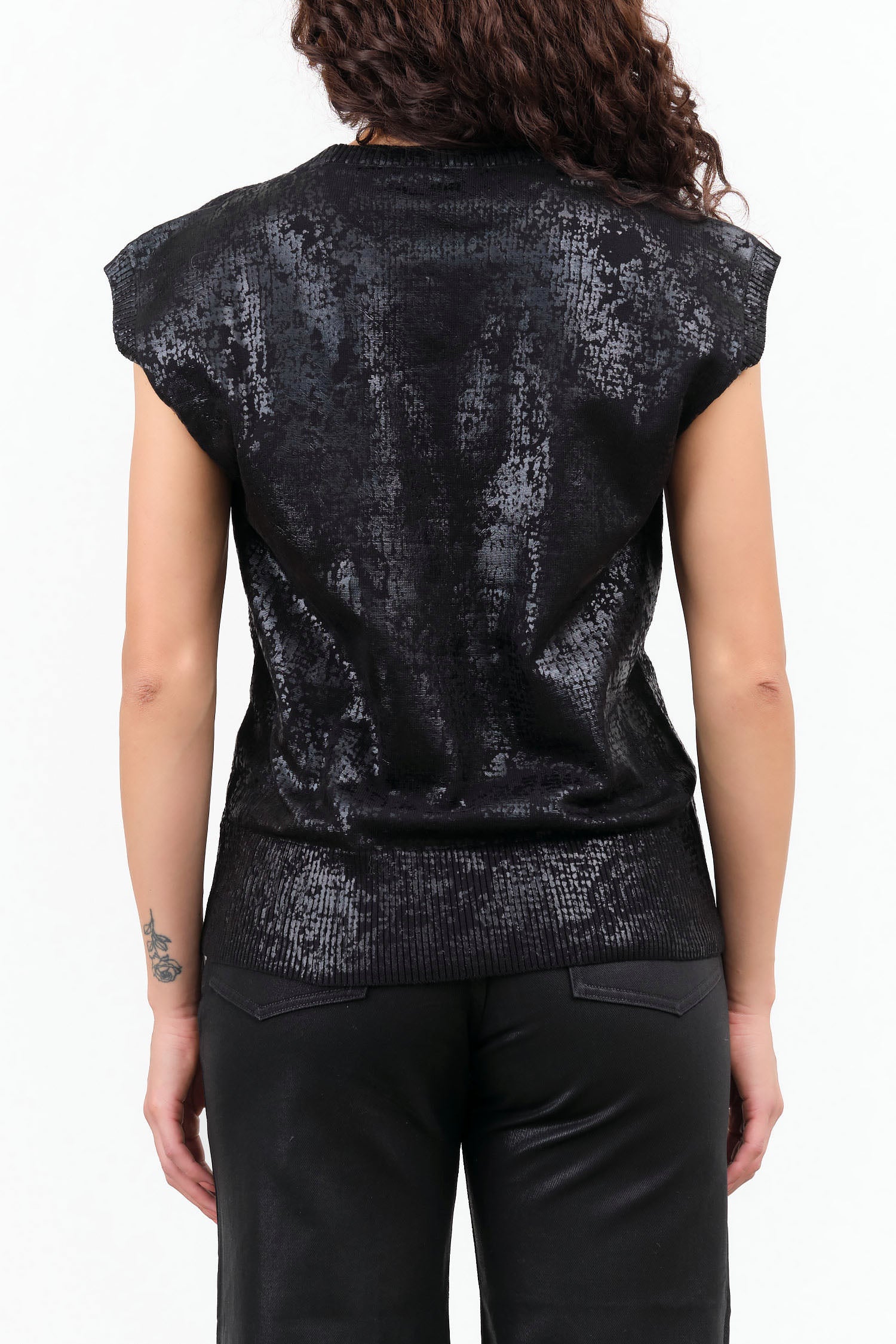 Sleeveless Reis Vest in Black with Metallic Foil by Rachel Comey Designer Brand 