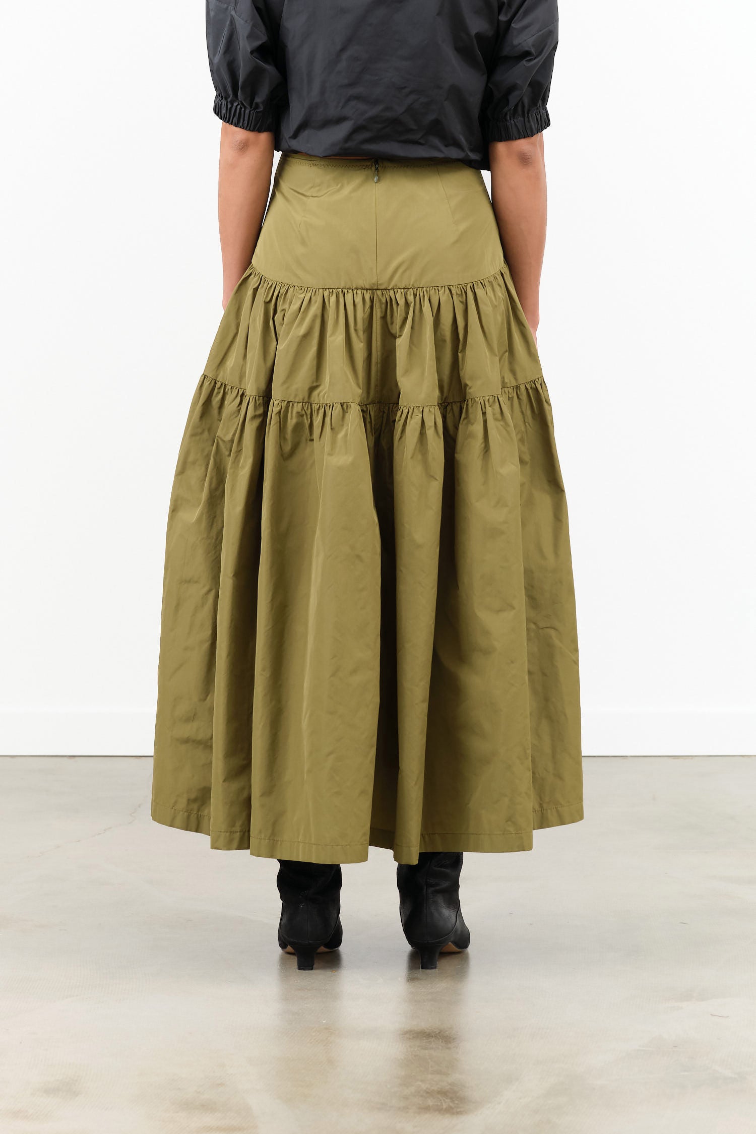 Olive Green Tiered Maxi Swift Skirt by Rachel Comey Designer Brand 