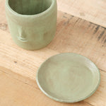 Rami Kim Studio Handmade Ceramics Face Plant Pot Set with Drainage Hole and Drip Tray in Warm Green