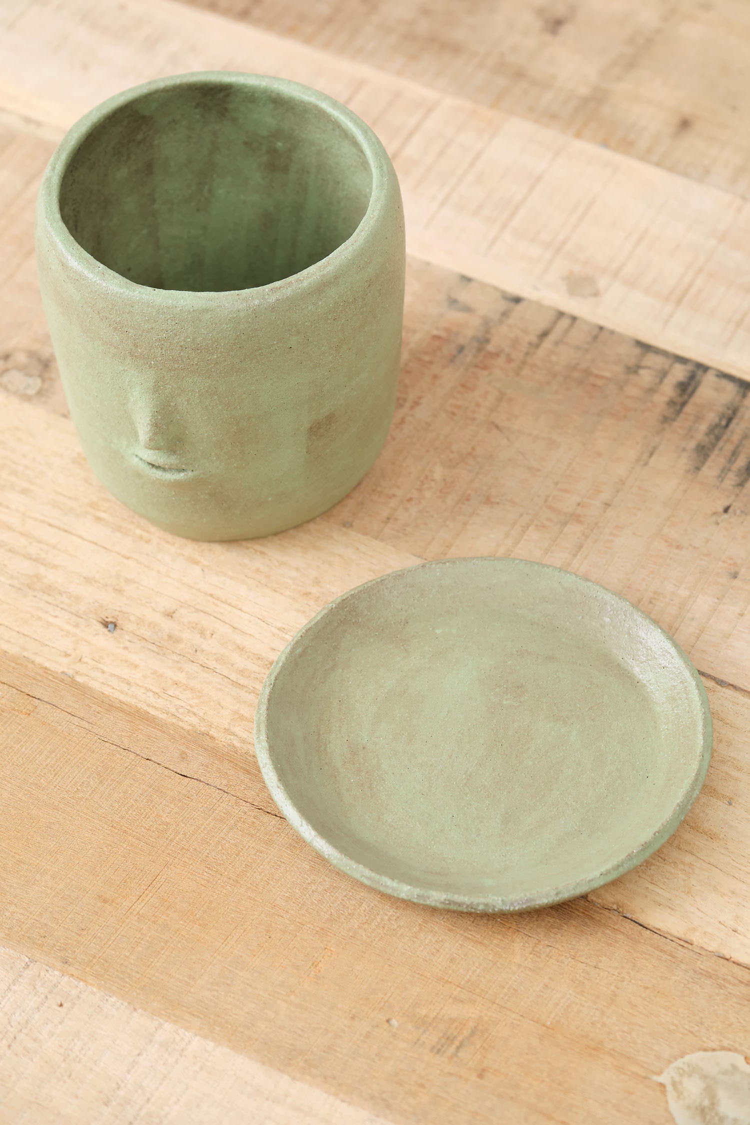 Rami Kim Studio Handmade Ceramics Face Plant Pot Set with Drainage Hole and Drip Tray in Warm Green