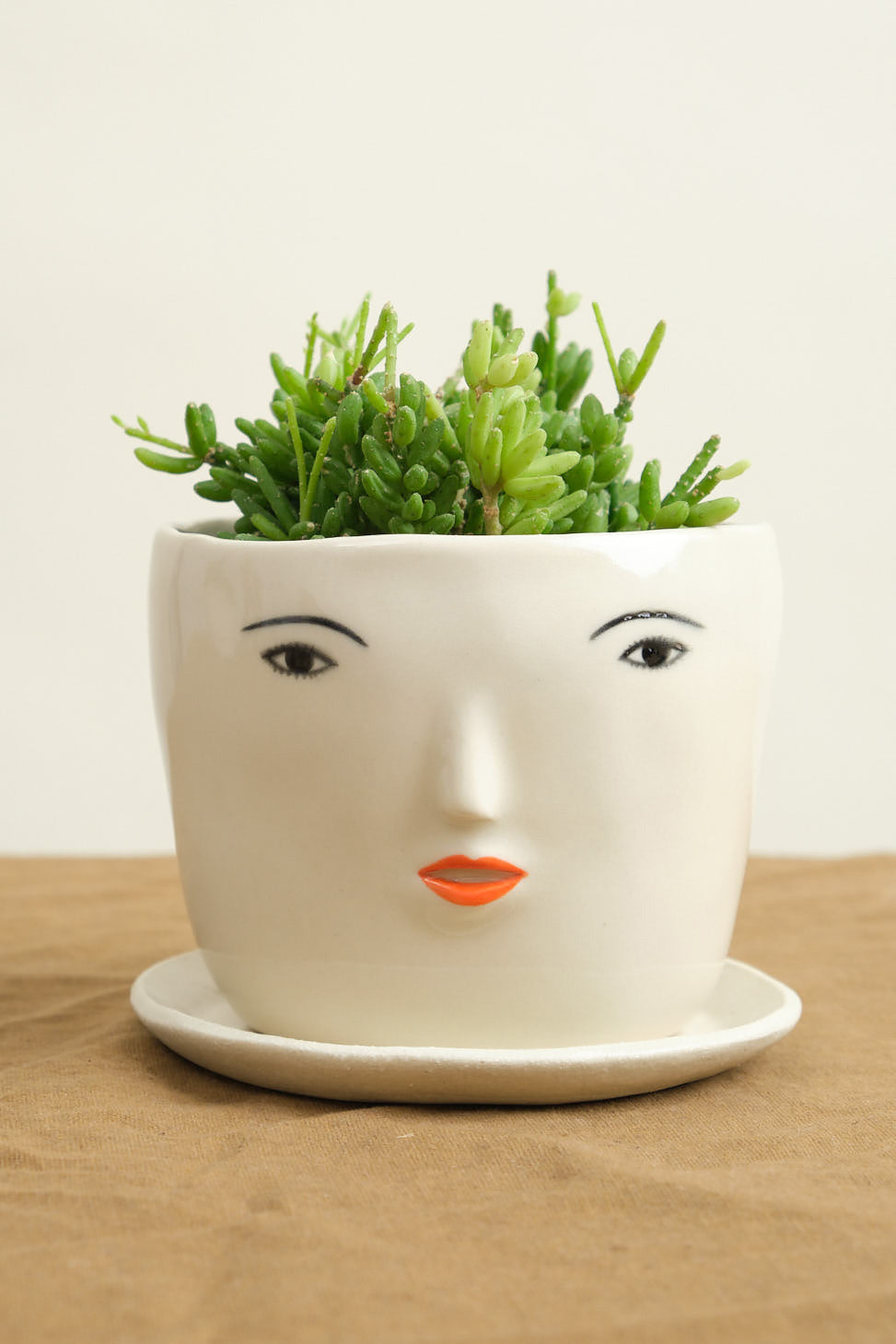 Girl Face Pot Set in Cream with plant