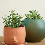 Face Pot Set in Raw Terracotta with Emerald Bulb Vase