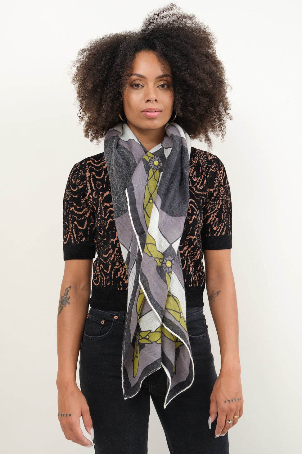 Laurels and Pavings Scarf in Blooming Greens on the body