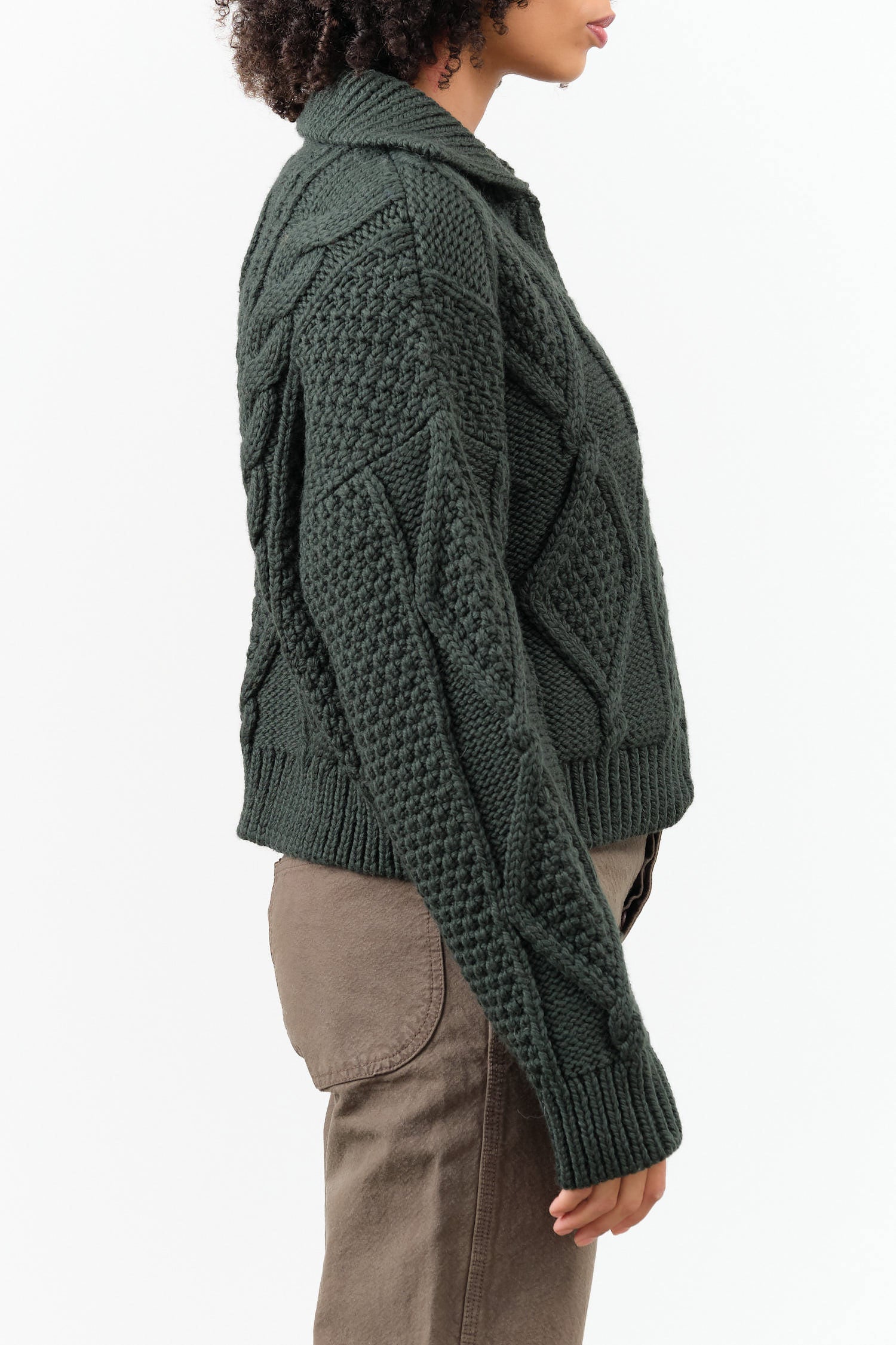 Shaina Mote Designer Brand Zip Up Donegal Jacket Sweater with Collar in Forest Green Knit