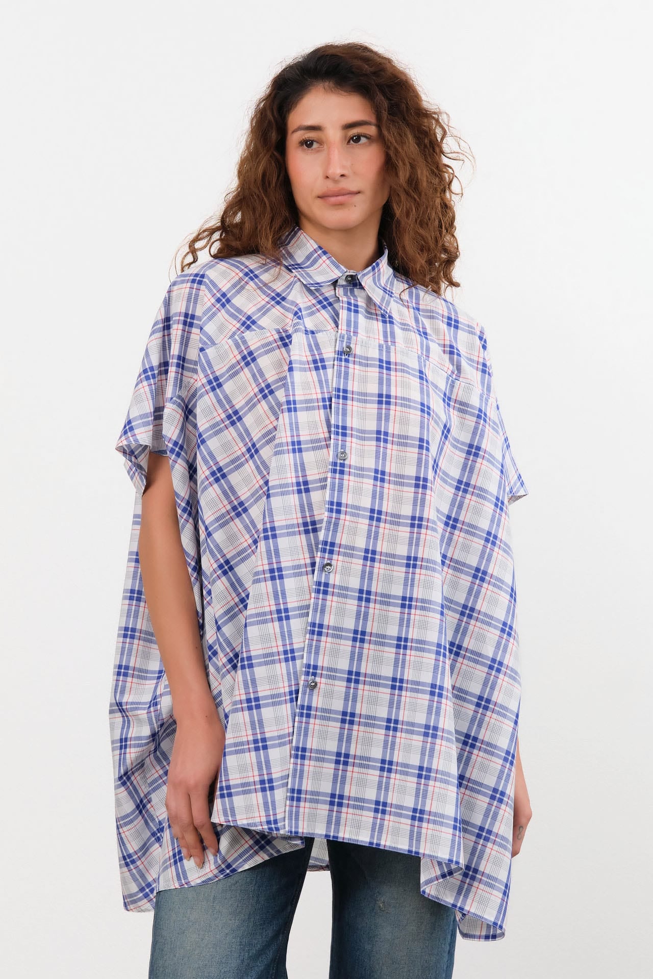 Sofie D'Hoore Apparel Womens Blouses Balder Wide Short Sleeve Shirt in Royal Check