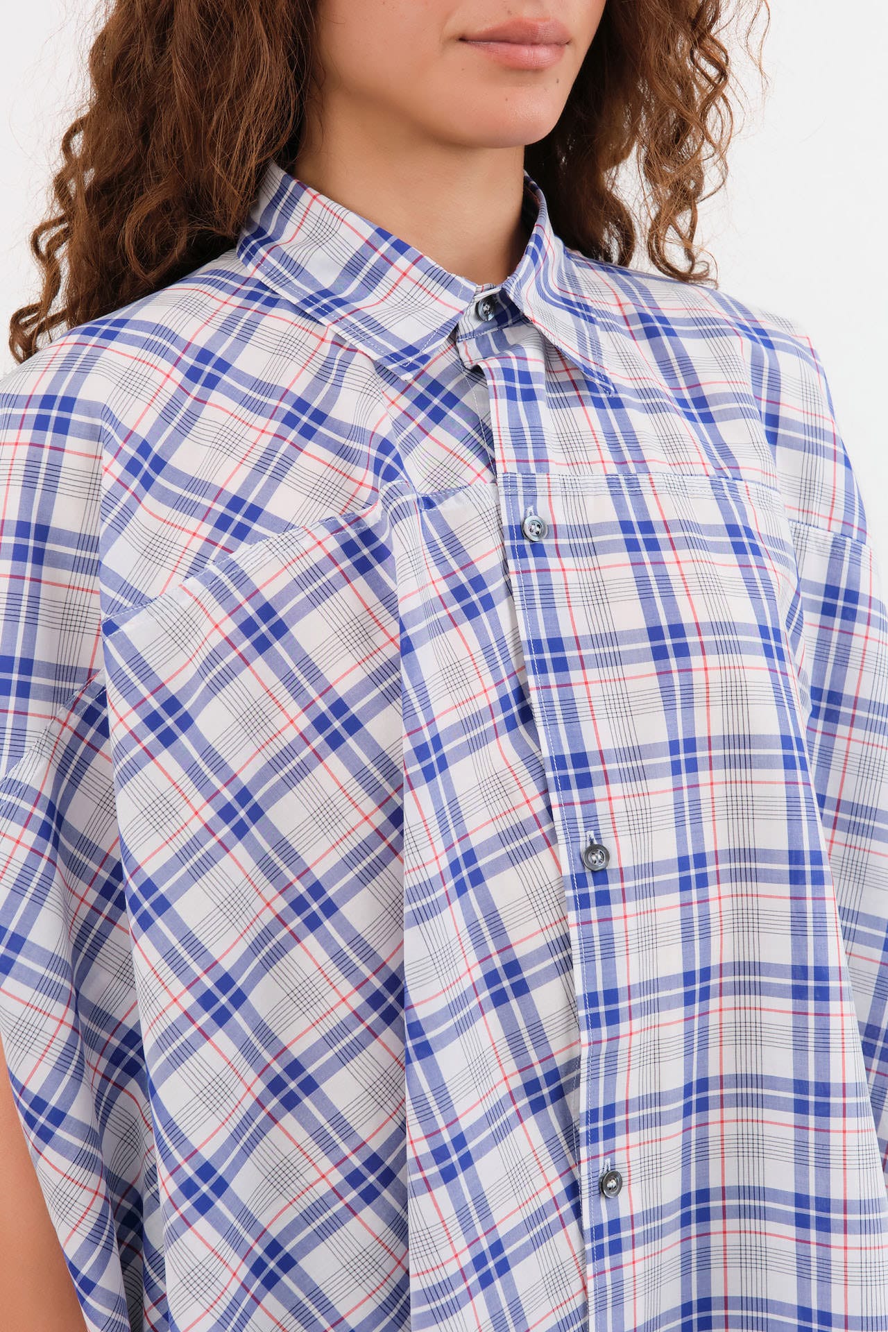 Sofie D'Hoore Apparel Womens Blouses Balder Wide Short Sleeve Shirt in Royal Check