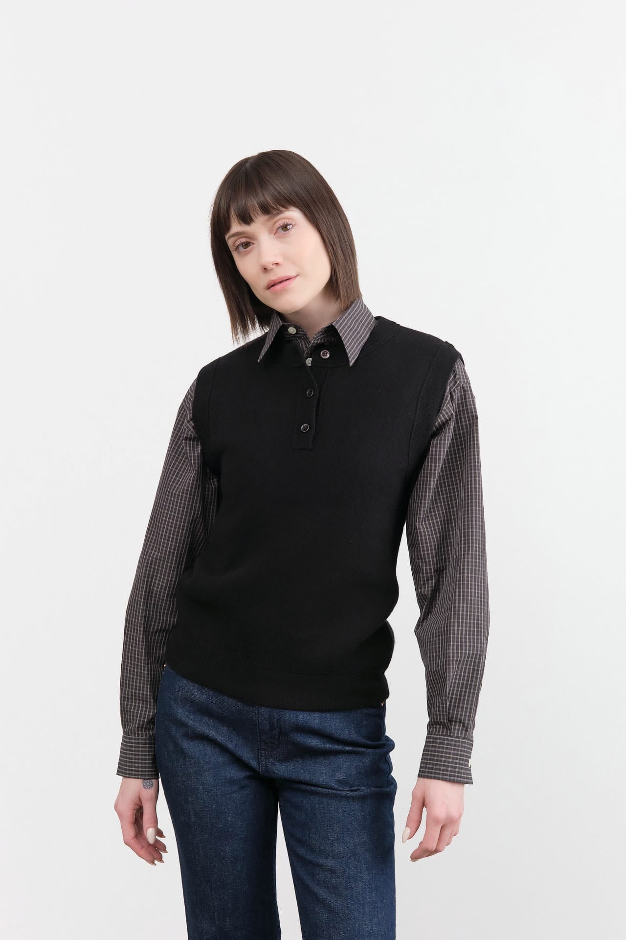 Studio Nicholson Apparel Womens Sweaters Aurel Crew Neck Half Placket Vest