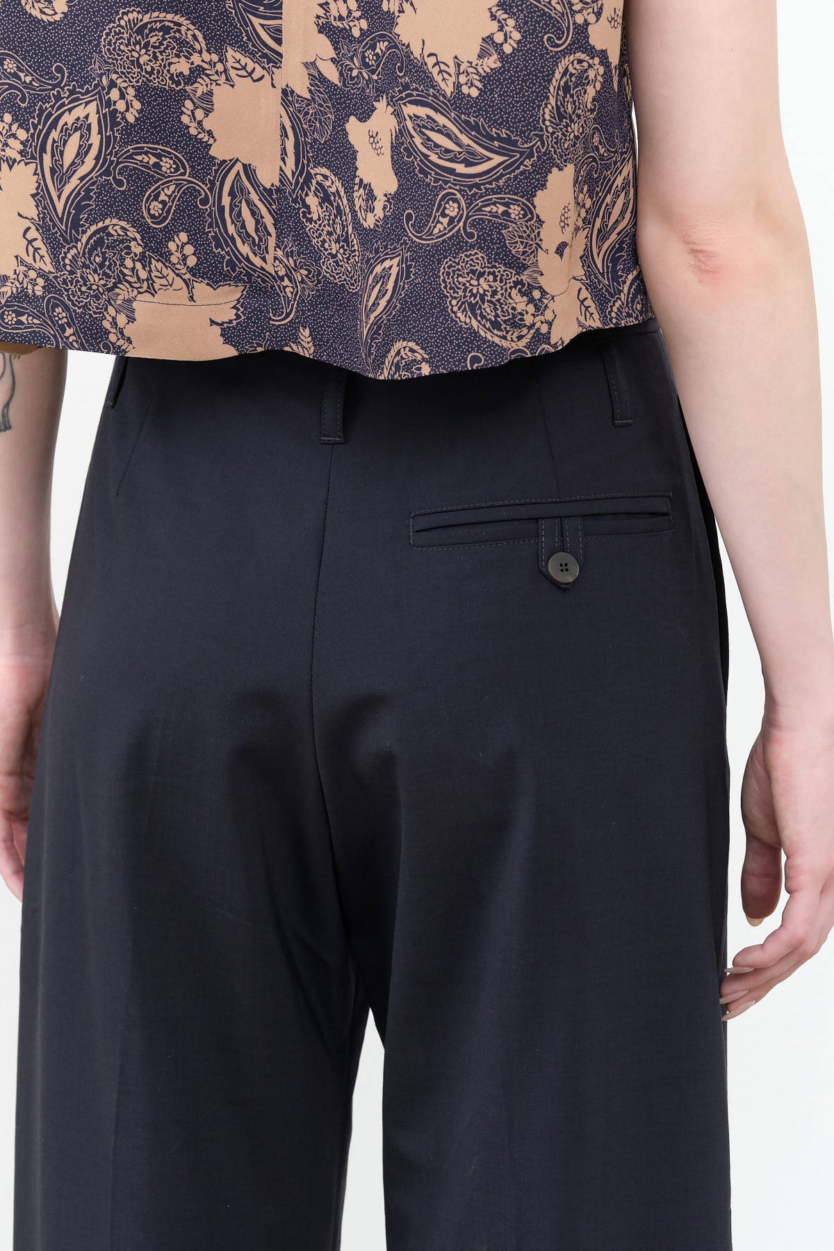 Baier High Waisted Wide Leg Slack Trouser in Darkest Navy Blue by Designer Brand Studio Nicholson  