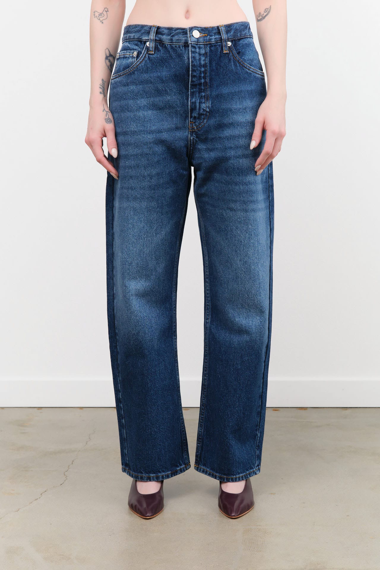 Studio Nicholson Apparel Womens Denim Denjo Wide Leg Forward Seam Pant