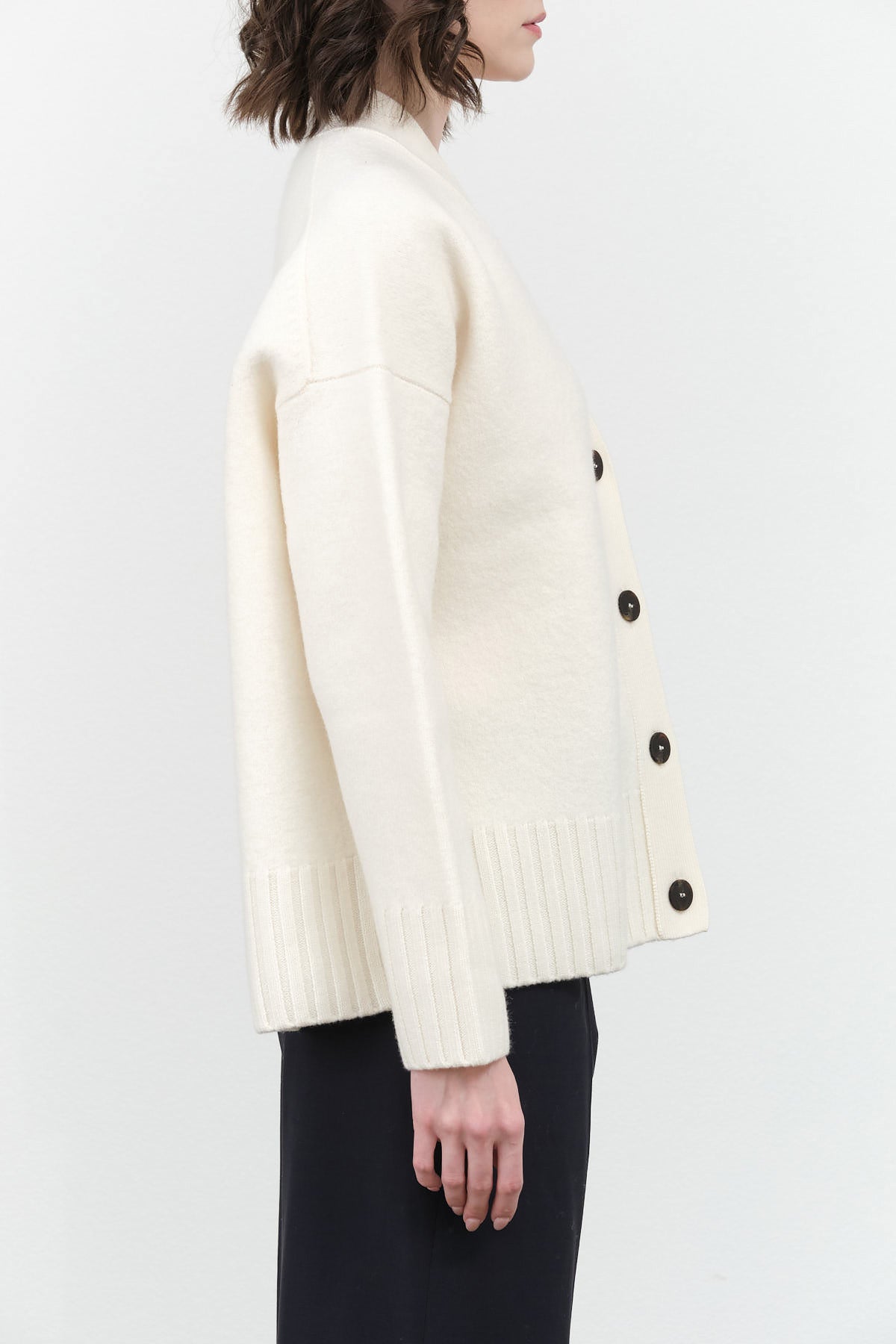 Studio Nicholson Designer Sake Boiled Wool Button Up Cardigan in Parchment White Cream