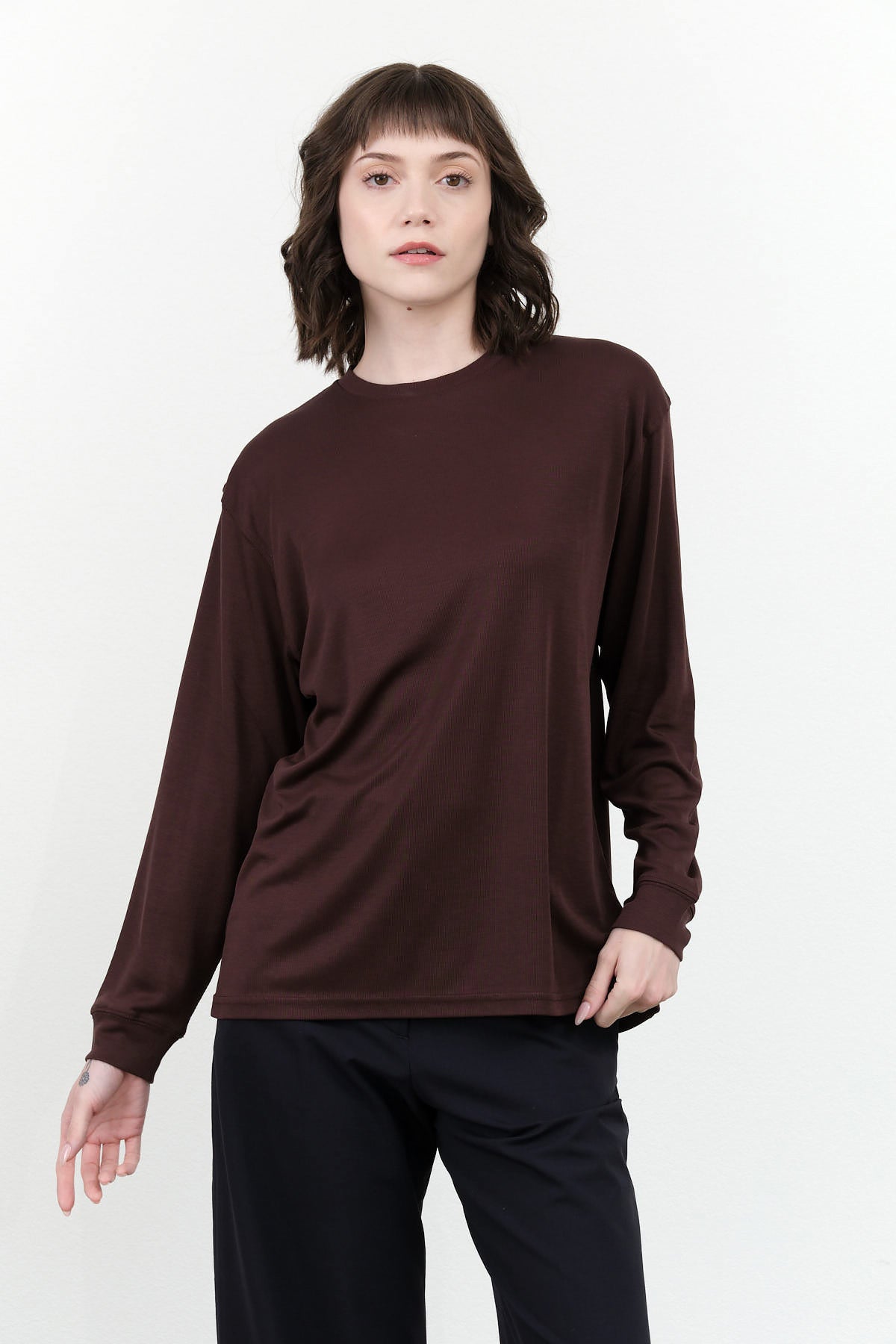 Studio Nicholson Simmons Long Sleeve Top in Chocolate Brown 