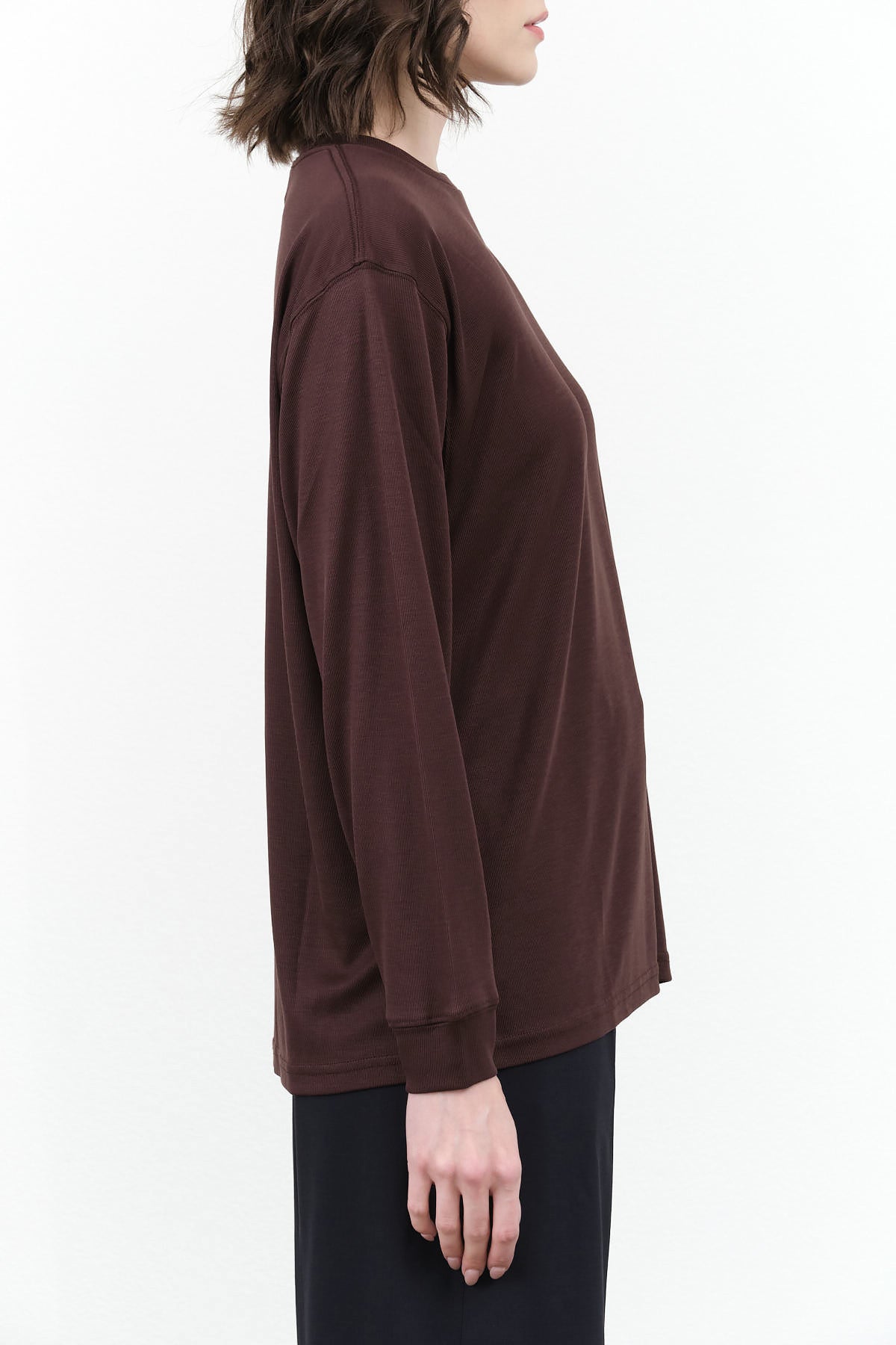 Studio Nicholson Simmons Soft Long Sleeve Top with Ribbed Cuffs in Chocolate Brown