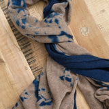 Suzusan Designer Brand Cashmere Knit Shawl Scarf in Dark Blue and Light Coffee Tan