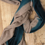 Suzusan Designer Brand Cashmere Knit Shawl Scarf in Spruce Blue and Light Coffee Brown