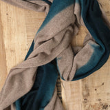 Suzusan Designer Brand Cashmere Knit Shawl Scarf in Spruce Blue and Light Coffee Brown