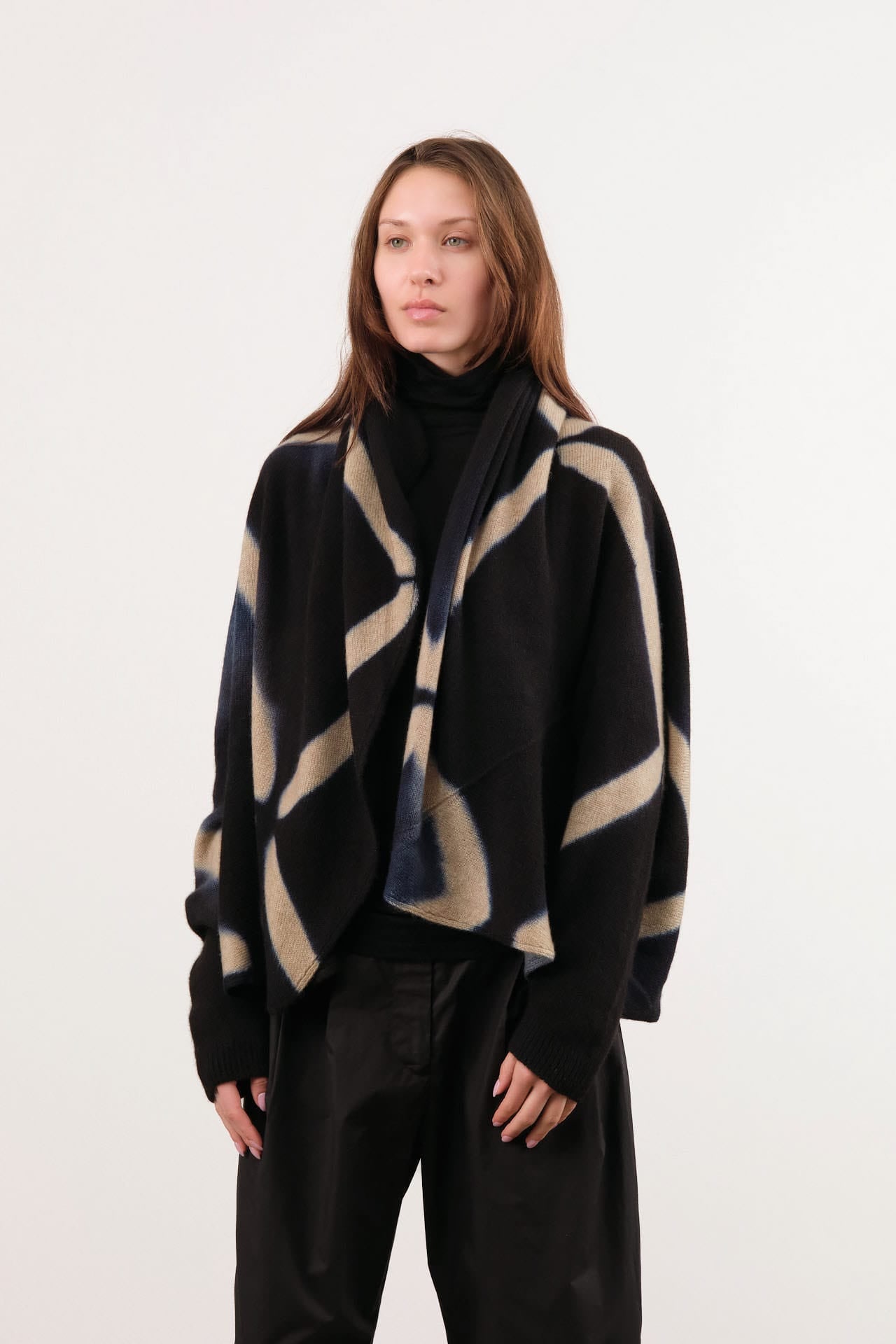 Suzusan Apparel Womens Outerwear Cashmere Seamless Upside Down Cape in Black/Sand Black/Sand / One Size