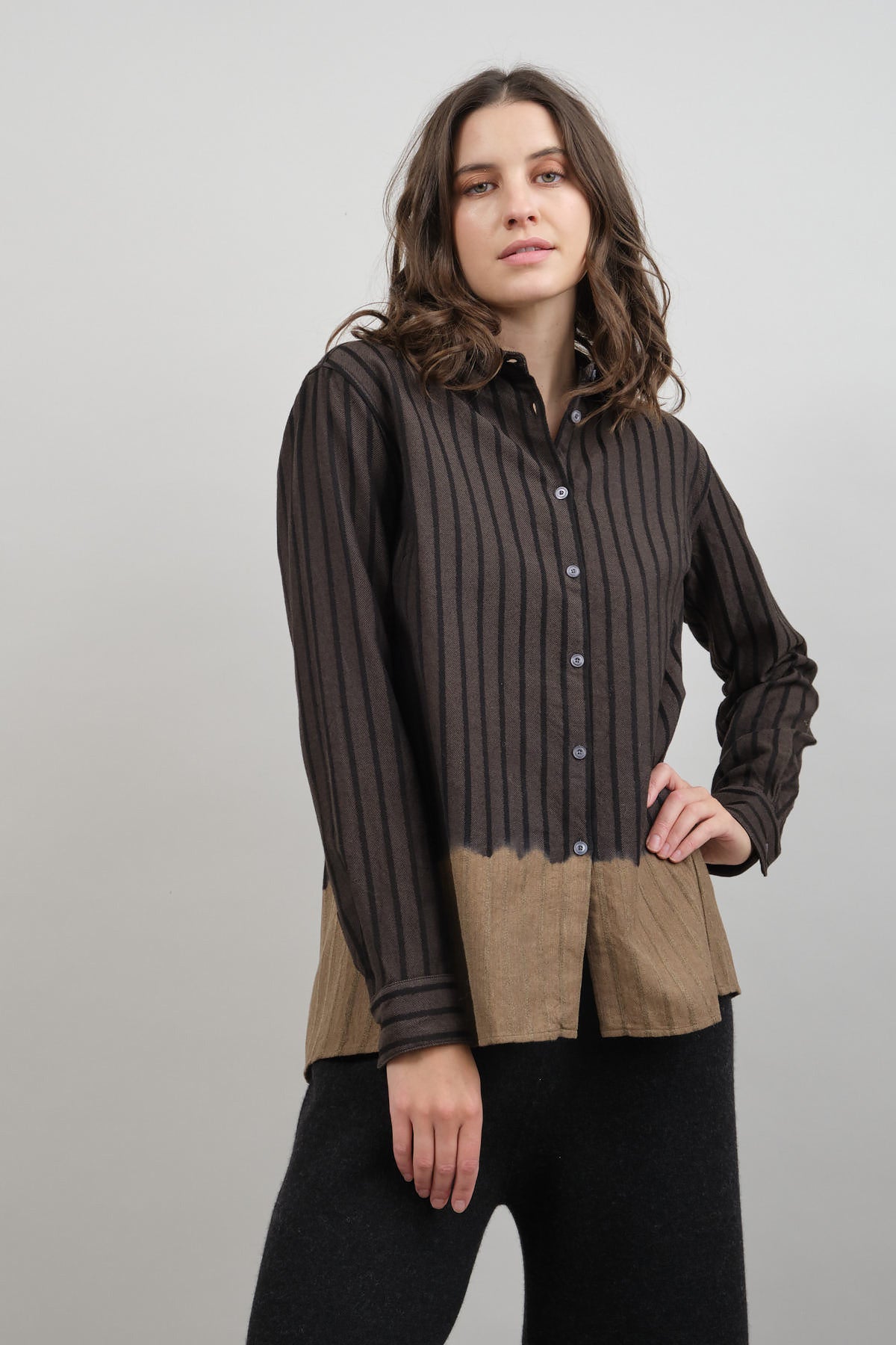 Wool Cotton Dobby Stripe Blouse from Suzusan