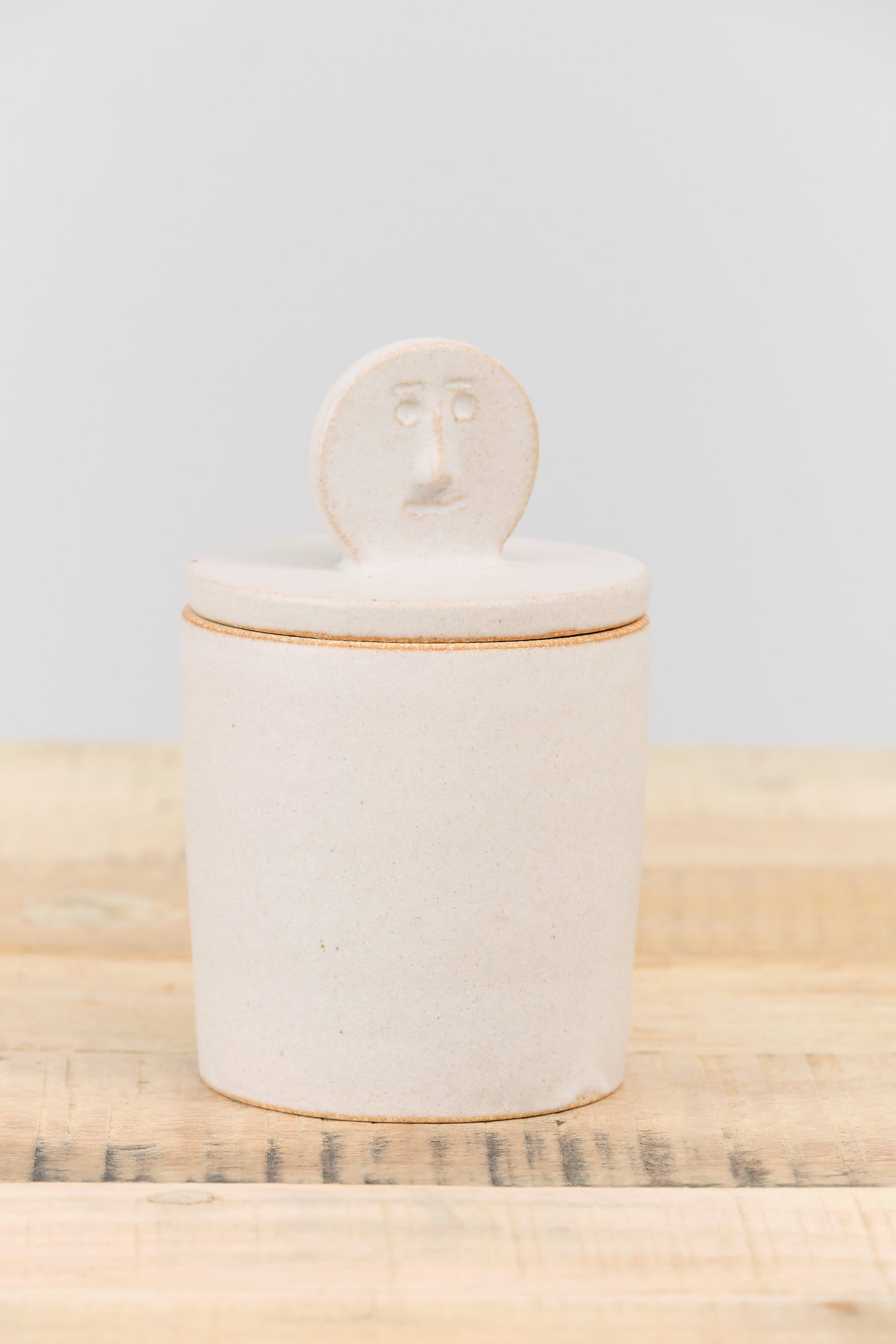 Tomoro Pottery Small Face Design Jar with Lid in White Ceramic