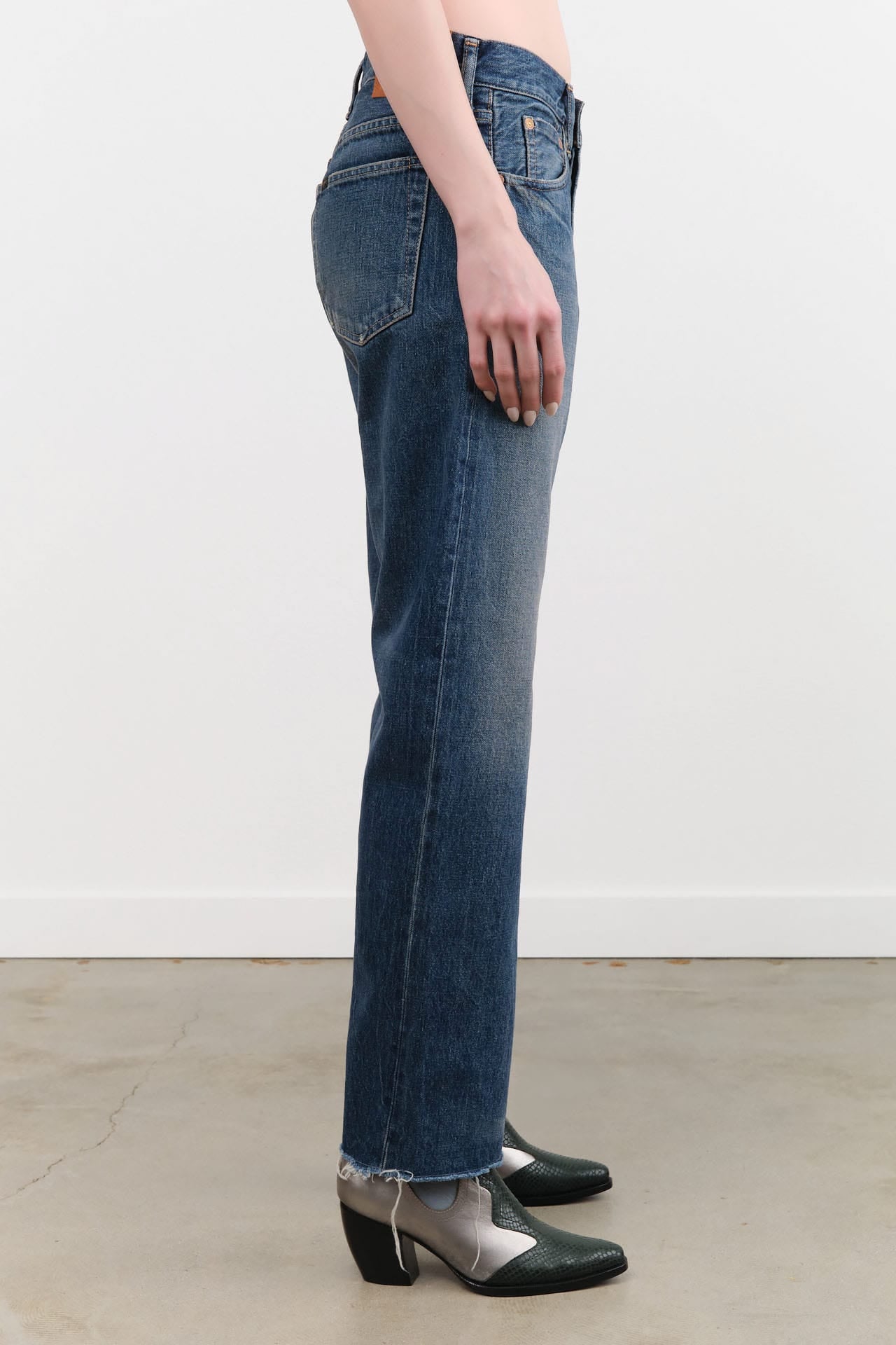 Chimala Apparel Womens Denim Used Ankle Cut 13.5 oz Selvedge Denim in Dark Vintage