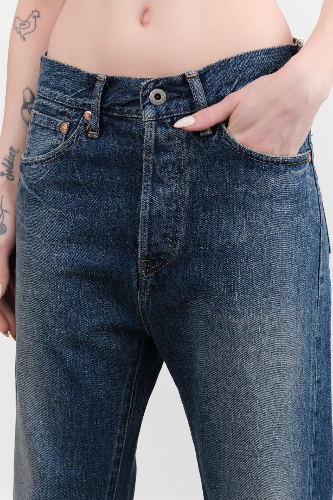 Chimala Apparel Womens Denim Used Ankle Cut 13.5 oz Selvedge Denim in Dark Vintage
