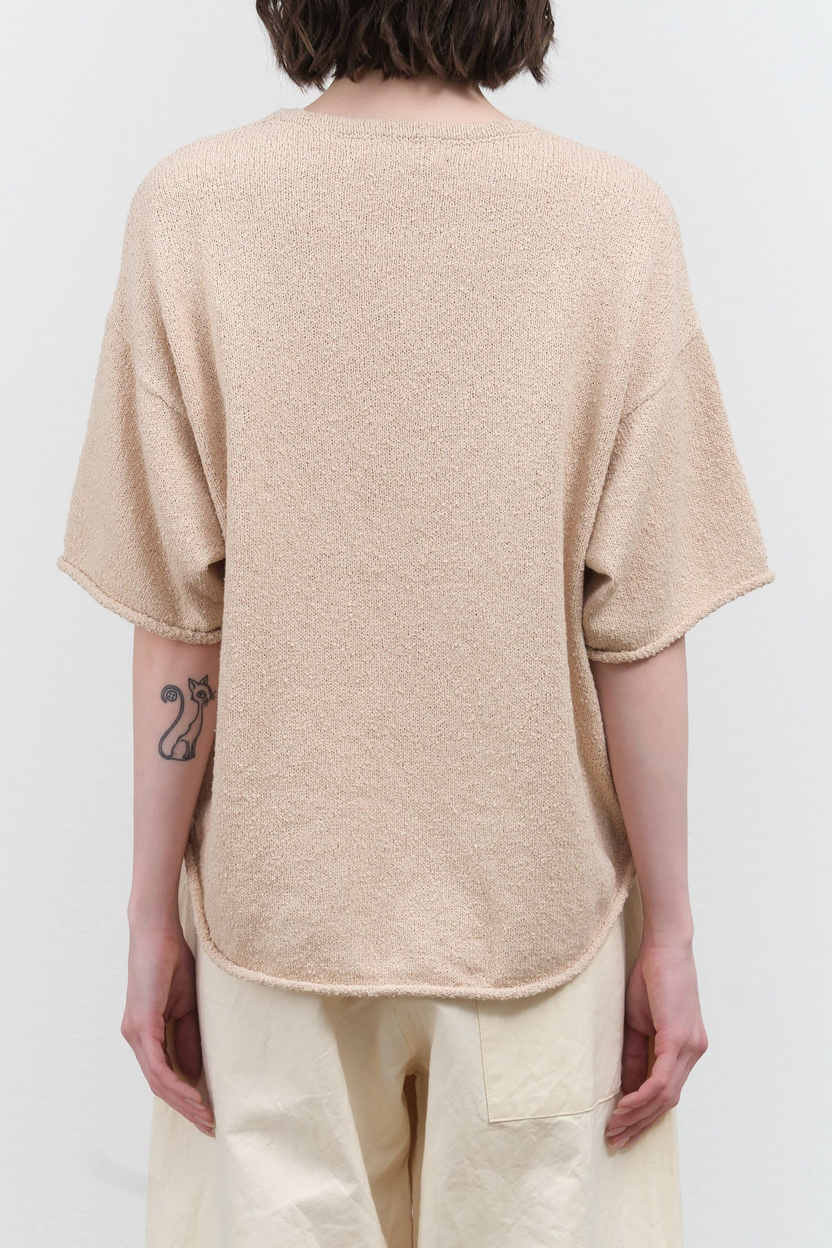 Tan Oversized Short Sleeve Wol Hide Boucle Tee with Roll Over Cuffs and Hem in Bone