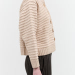 Wol Hide Boxy Ripple Bomber Cardigan with Wood Buttons in Tan