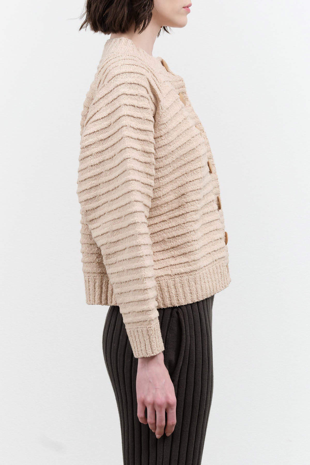 Wol Hide Boxy Ripple Bomber Cardigan with Wood Buttons in Tan