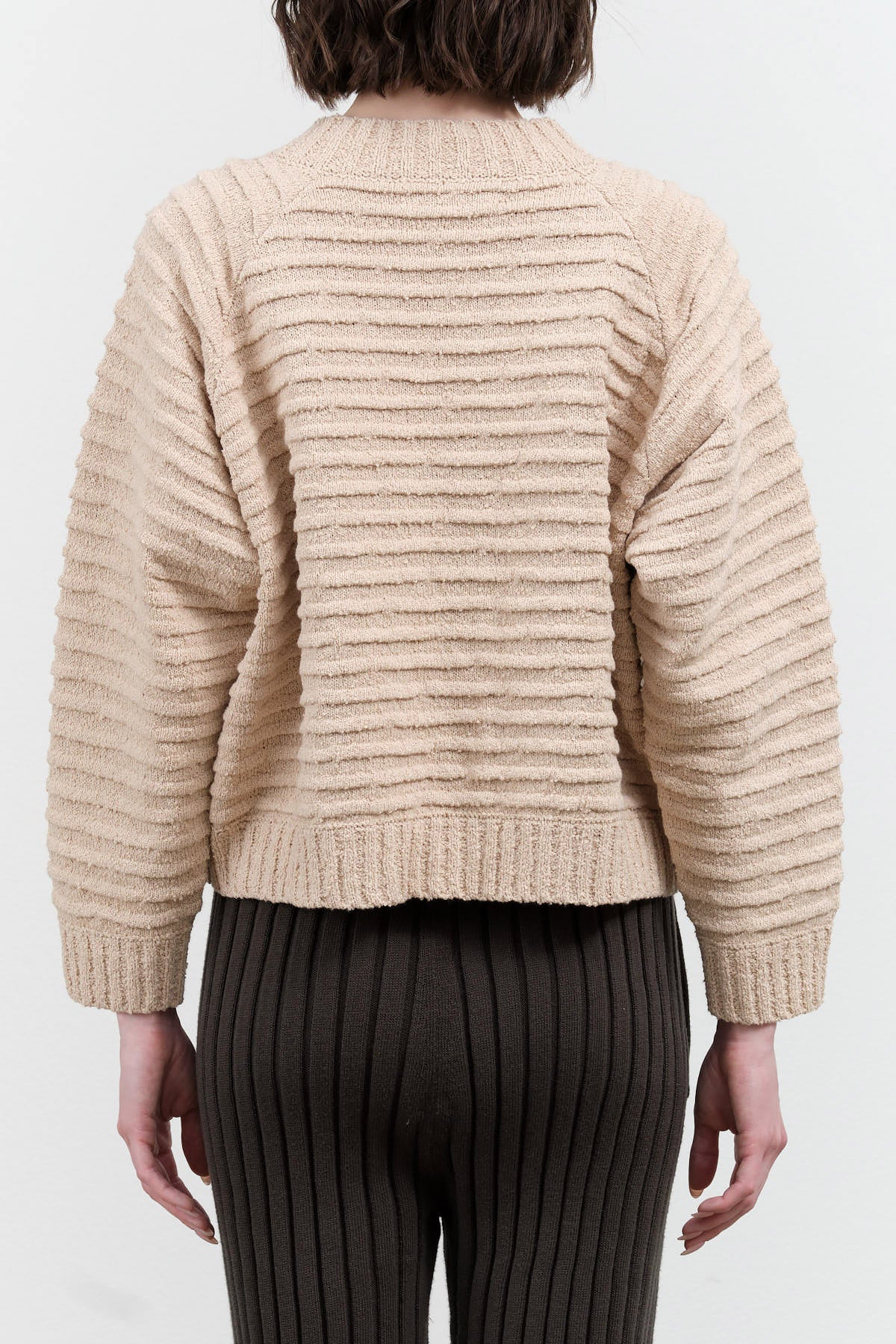 Cropped Ripple Bomber Boxy Cardigan by Wol Hide in Tan Almond with Ribbed Hem and Cuffs