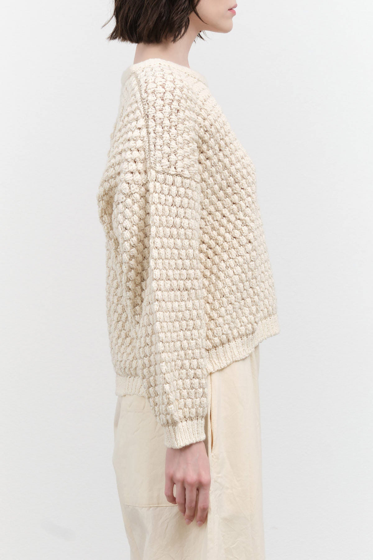 Bone Off White Long Sleeve Textured Pullover Sweater by Wol Hide