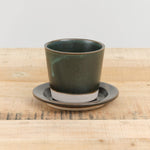 WRF Lab Ceramics Small Planter with Saucer in Wreath Dark Green Glaze 