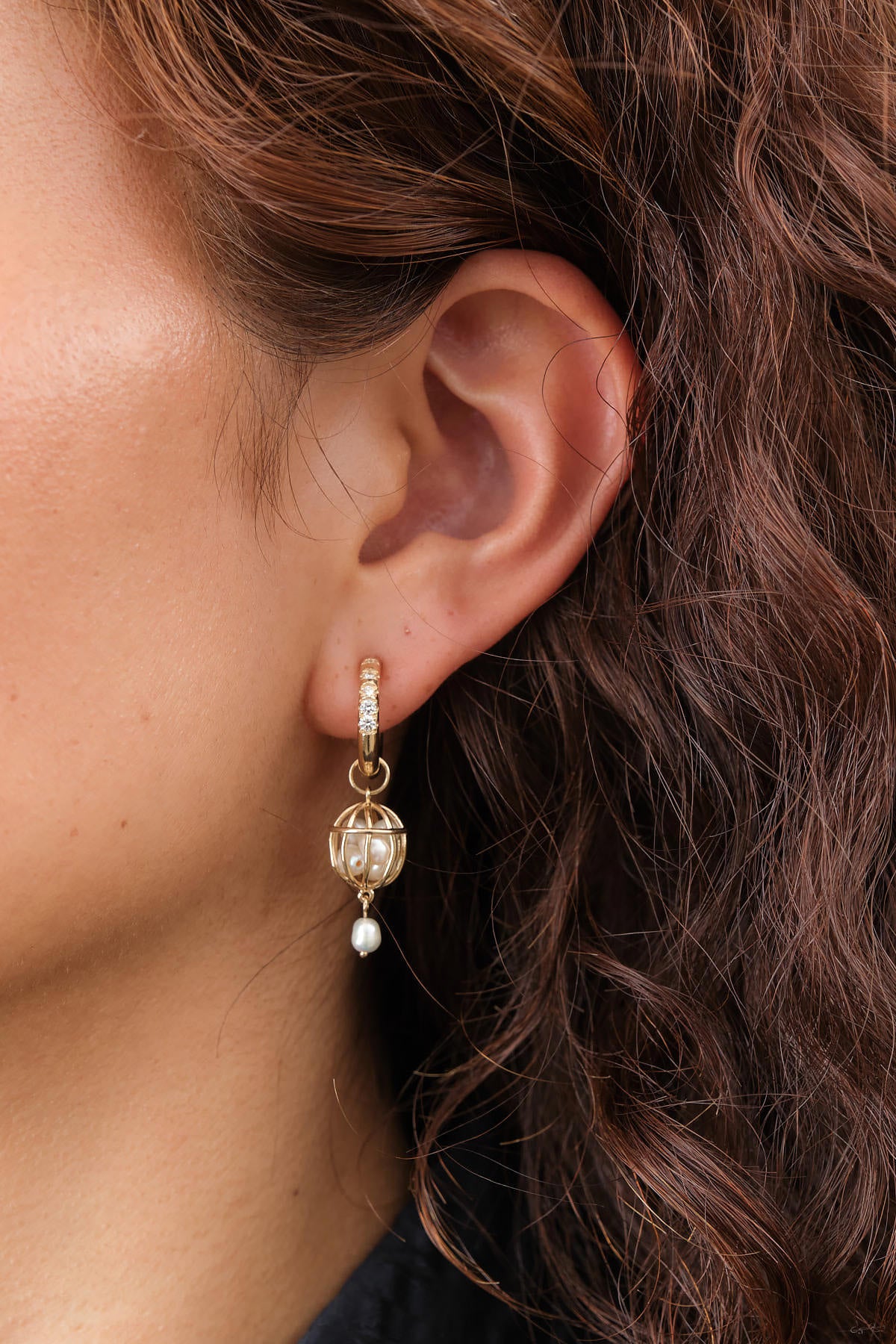 Universe Diamond and Pearl Earrings Diamond on Gold Hoop with Cage of Pearls by Designer WWAKE