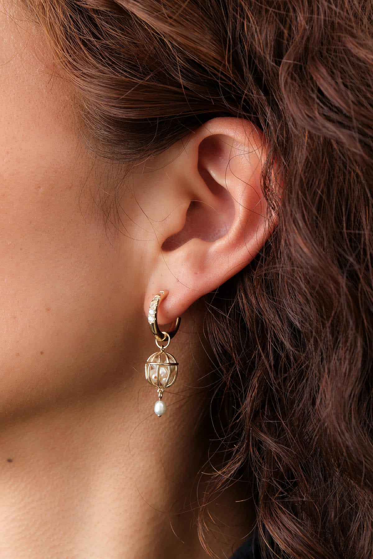 WWAKE Universe Diamond and Pearl Earrings Diamond on Gold Hoop with Cage of Pearls