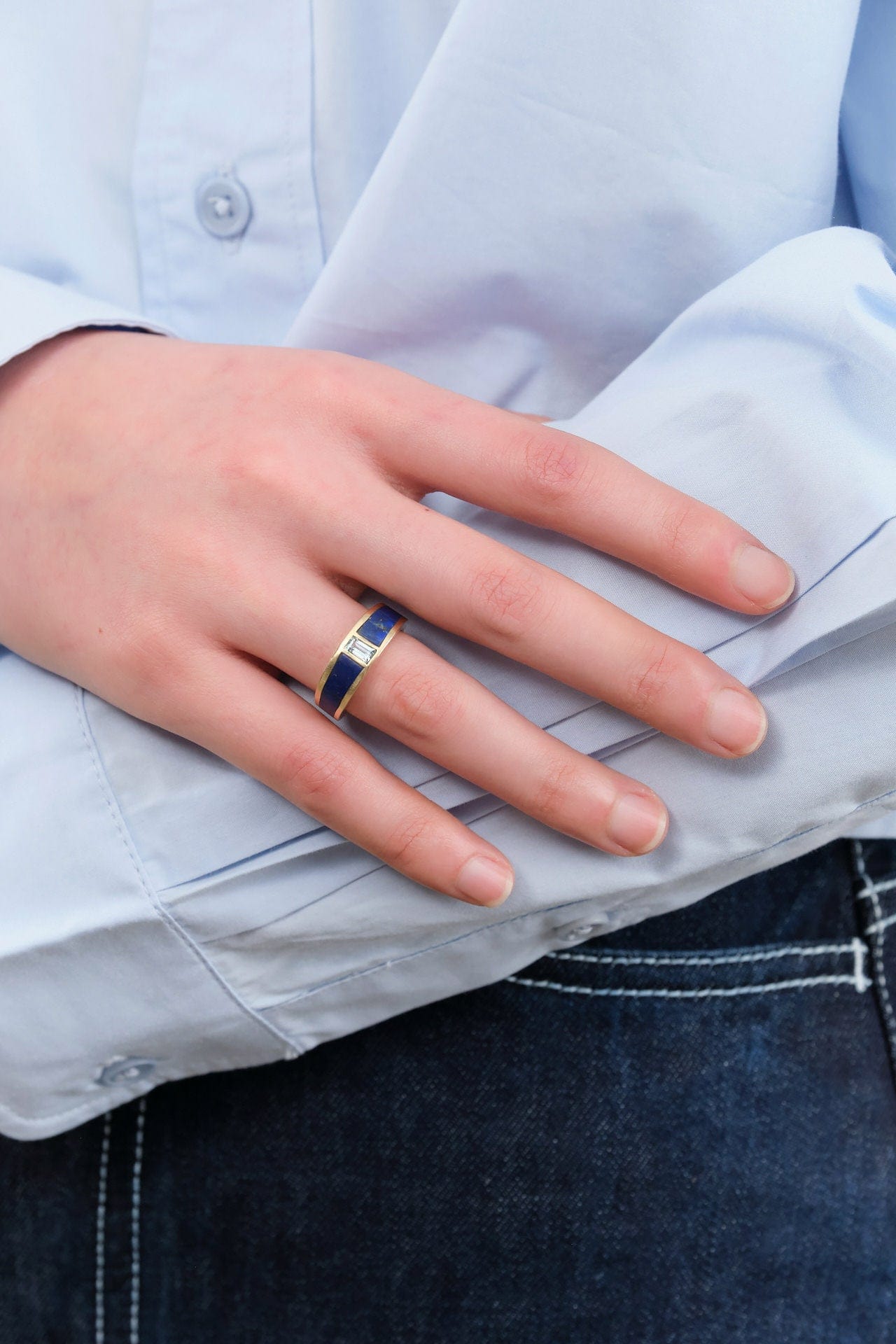 Young In The Mountains Jewelry Rings Colorado Band Ring in Colorado Lapis Lazuli 14K Yellow Gold / 6.5
