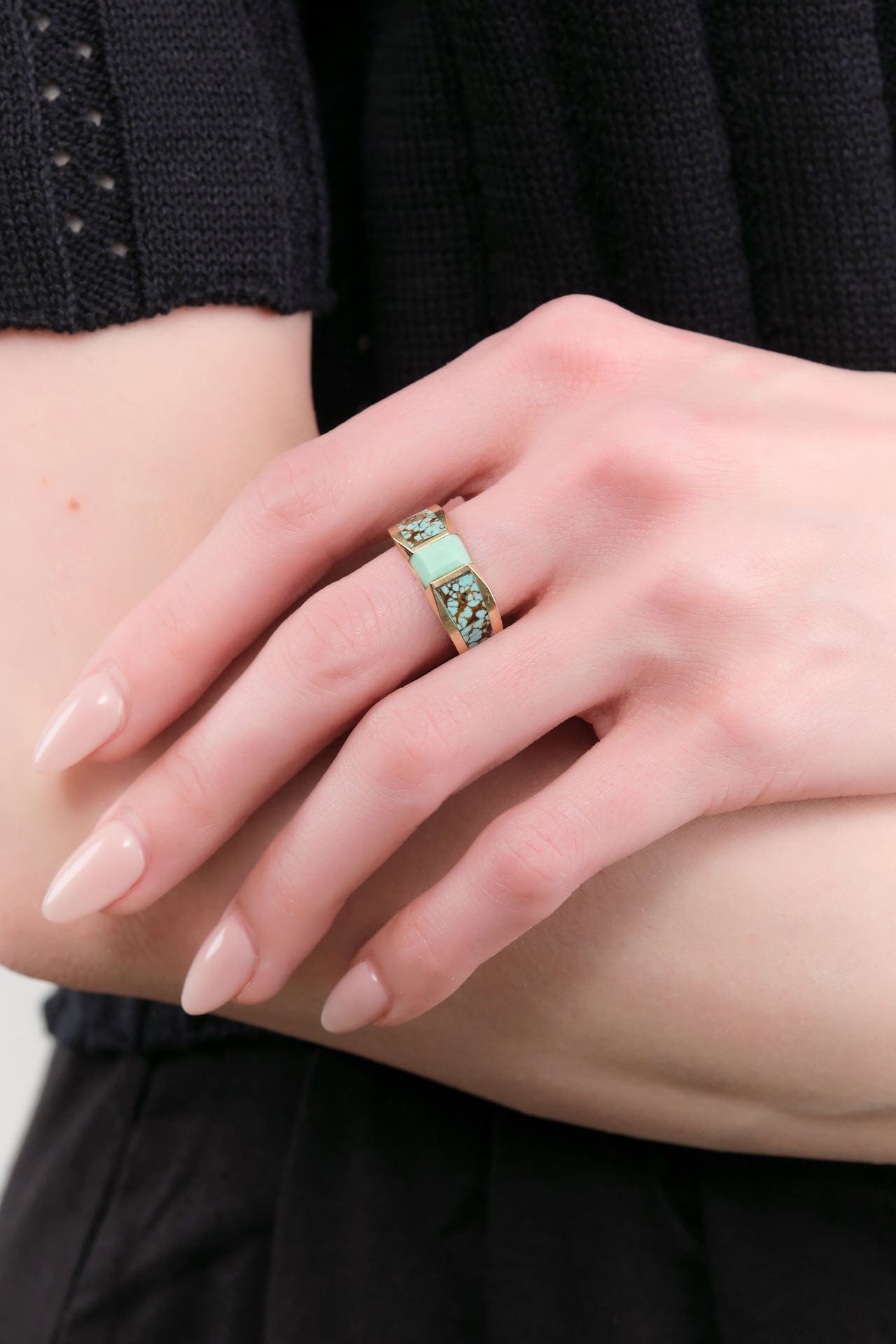 Young In The Mountains Jewelry Rings Feronia Inlay Band Ring in Broken Arrow Turquoise 14K Yellow Gold / 6.75