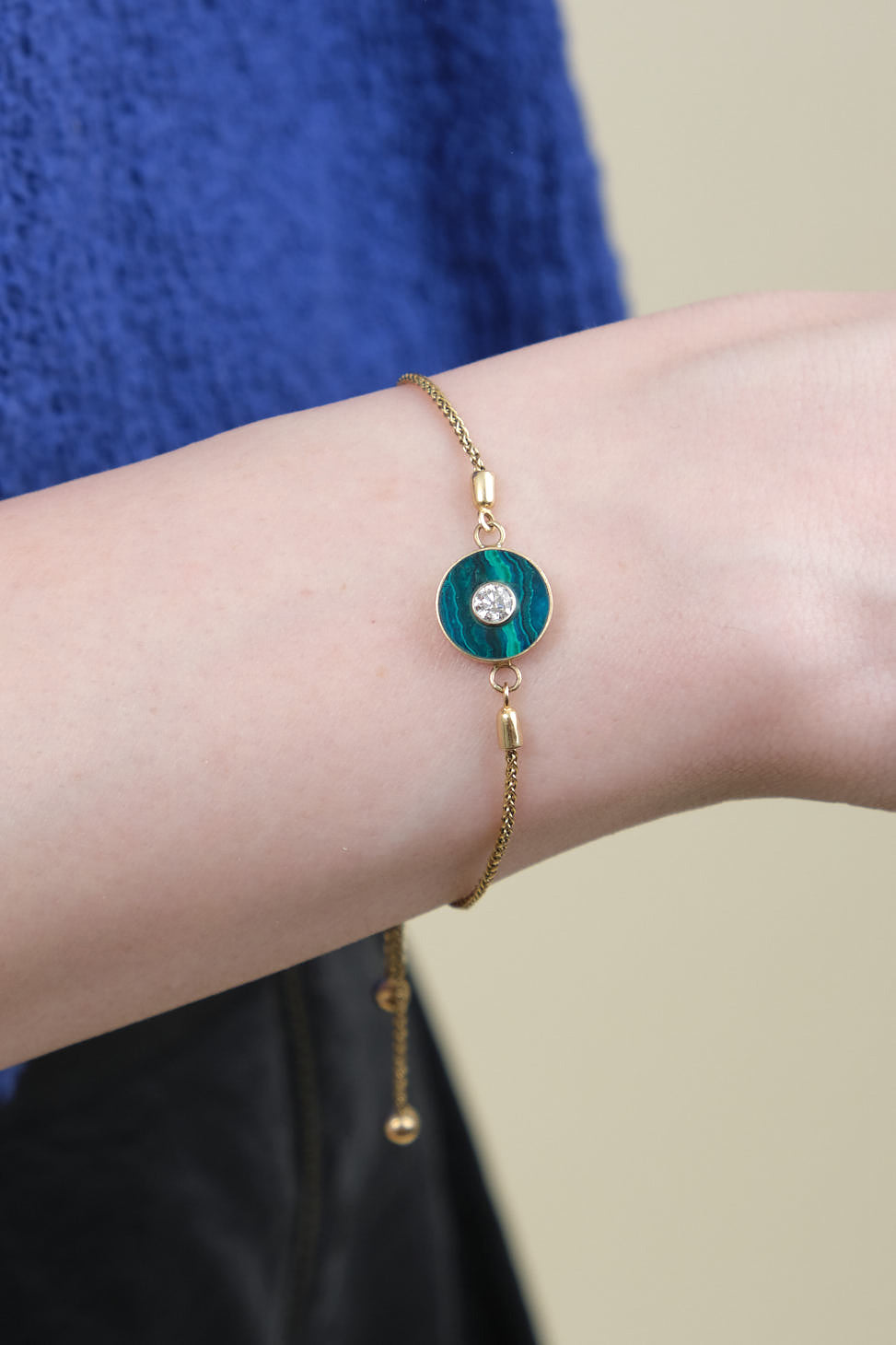 Cerclen Bolo Style Bracelet in Chrysocolla on wrist